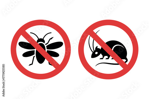 Two circular red prohibition signs showing a silhouette of a fly and a rat.