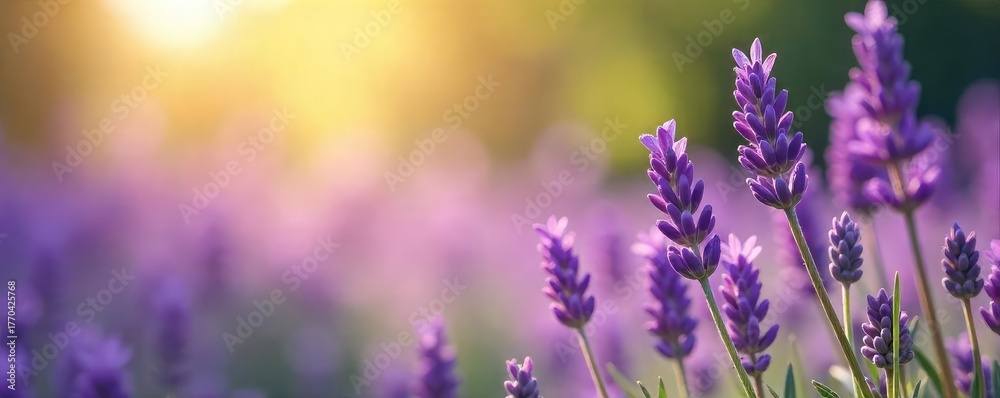 Naklejka premium A tranquil scene of lavender blossoms bathed in soft sunlight, evoking serenity and spiritual calm Perfect for meditation, yoga, or aromatherapy themes , essential oil, blossoms, violet