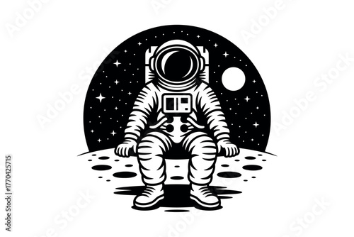 An astronaut sits on the moon, gazing at the stars and a distant planet.