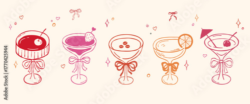Coquette cocktail glass with bow, hand draw vector illustrations set, colorful martini, doodle whimsical sketch for party invitation, wine drinks