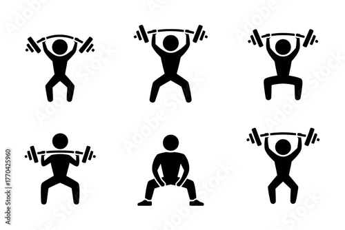 A set of six stylized figures performing different weightlifting exercises to build strength.