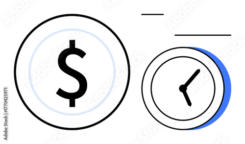 Dollar coin and clock, highlighting relationship between time and money. Ideal for finance, business, investment, savings, productivity, time management prioritization. Bold simple flat metaphor