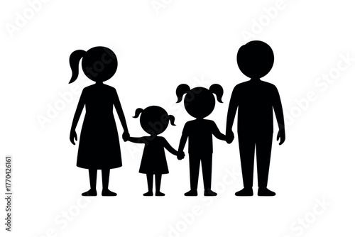 A silhouette of a family consisting of two parents and two children holding hands.