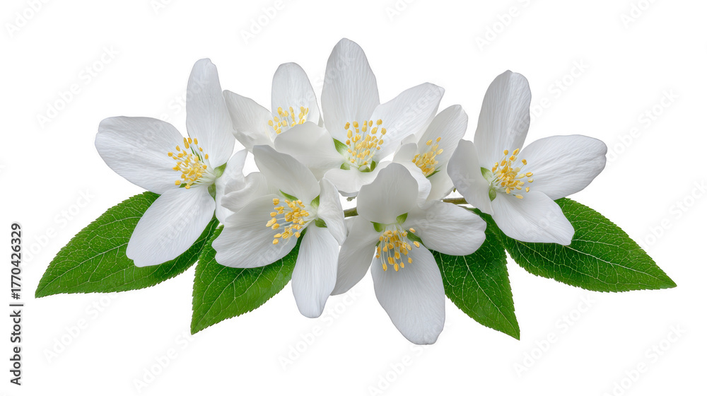 Fototapeta premium White flower jasmine green leaf spring blossom nature petal floral fresh fragrance White jasmine flowers with green leaves delicate petals and yellow stamens symbolizing purity and freshness evoke