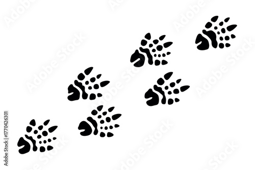 A series of small, spiky footprints are imprinted on a white background.