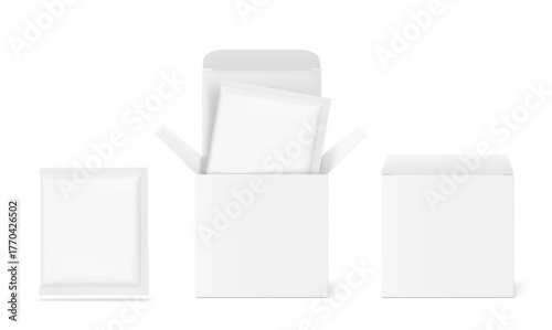 Closed and open paperboard box with sachet mockup set. Vector illustration isolated on white background. Packaging for tea, drip bag coffee, cosmetic, food, pharmacy. Ready for your design. EPS10.