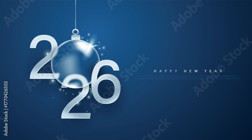 Happy new year 2026. Realistic numbers with silver Christmas holiday decoration and confetti on blue background.