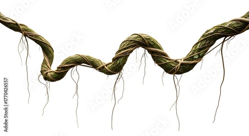Close-up of a thick, winding vine with hanging roots, isolated on white background.