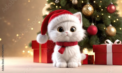 Cute white kitten wearing a festive red Santa hat and scarf, sitting beside beautifully wrapped presents near a decorated Christmas tree, evoking holiday cheer