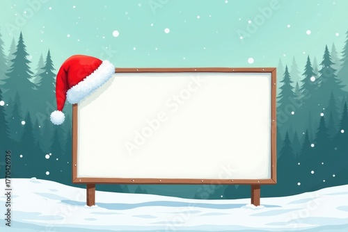 Festive winter scene featuring a blank wooden sign adorned with a red Santa hat, surrounded by snow-covered ground and evergreen trees in a serene atmosphere