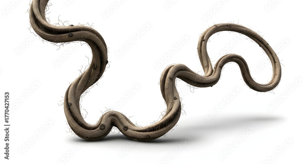 Fototapeta premium A single, gnarled and twisted jungle vine with a hairy texture, isolated on a clean white background.