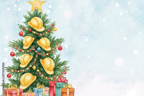 Festive Christmas tree adorned with construction helmets and colorful presents, creating a unique holiday atmosphere with a playful twist on traditional decorations