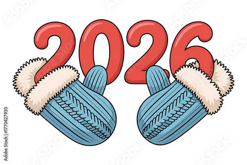 Festive year 2026 displayed with cozy knitted mittens, celebrating a joyful new year.