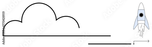 Rocket ascending into the air near a minimal cloud and line path, suggesting progress, innovation, and exploration. Ideal for startup growth, technology, freedom, success, ambition simple flat