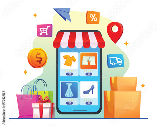 Mobile online shopping concept with a large screen storefront, bags, a gift box, and delivery boxes for purchases. Vector cartoon illustration