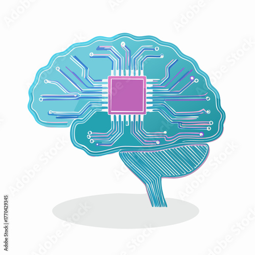 Illustration of a teal brain with circuit board design and pink microchip on a white background with a futuristic and technological mood.