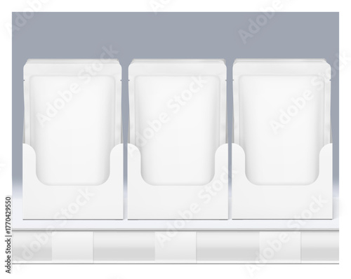 Blank shelf-ready box  with stand up pouch bag mockup. Front view. Vector illustration isolated on grey background. Ready for your design. EPS10.