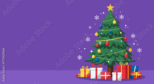 Festive Christmas tree adorned with ornaments and surrounded by colorful gift boxes, evoking holiday cheer and winter celebration vibes, perfect for seasonal promotions and greetings.