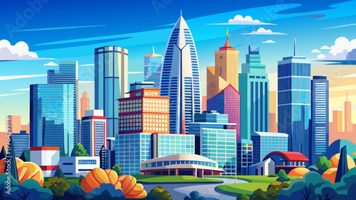 Very beautiful downtown Atlanta skyline showing several prominent buildings and hotels under a clear blue sky, modern urban landscape, tall skyscrapers, sunny day, vibrant city atmosphere, detailed 