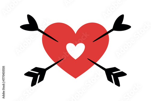 A red heart with a smaller white heart inside is pierced by four black arrows.
