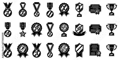 Collection of black line award and trophy icons template for various awards, trophies, medals, certificates, silver, bronze medals, championship cups, best and top rated seals, shields, and ribbons.