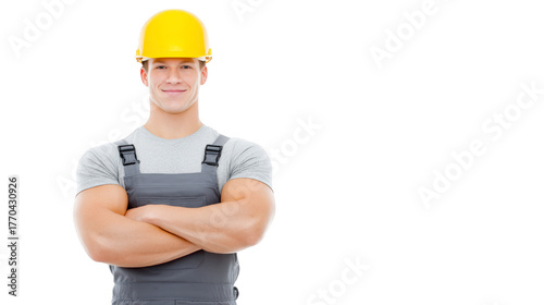 Smiling construction worker wearing yellow hard hat and gray overalls stands confidently with arms crossed, isolated on transparency background, conveying professionalism and positivity
