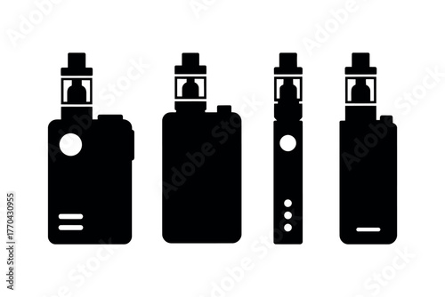 A collection of four black silhouette icons of electronic cigarettes and vaping devices.