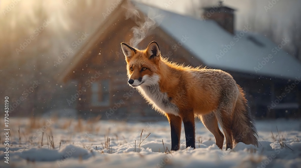 Fototapeta premium Fox by the Christmas Cabin