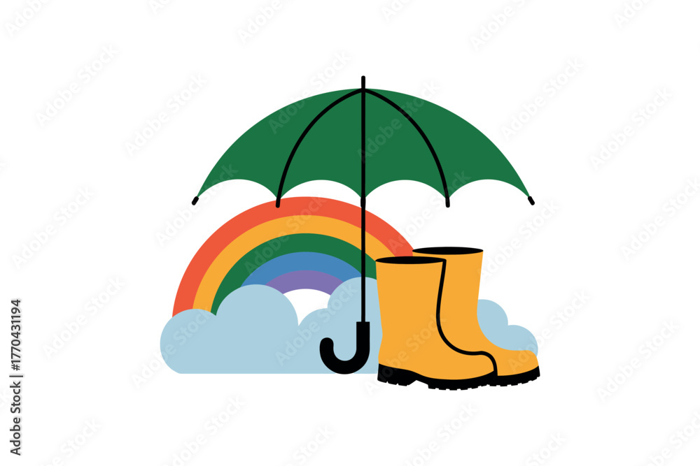 Fototapeta premium An umbrella, rainbow, and rain boots are symbols of protection from the elements.
