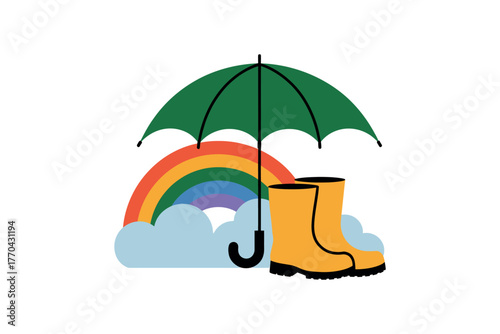 An umbrella, rainbow, and rain boots are symbols of protection from the elements.