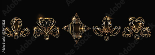 Glowing gold gemstones and diamond shapes set with heart, emerald, brilliant cuts, for logo, jewelry design, luxury branding, fashion packaging, beauty product promo, premium invitations. Vector