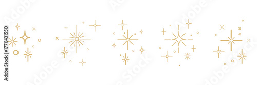 Minimalist sparkle icons in various starburst and twinkle shapes on white background, for holiday cards, branding, packaging design, beauty products, wedding, web design, seasonal marketing. Vector