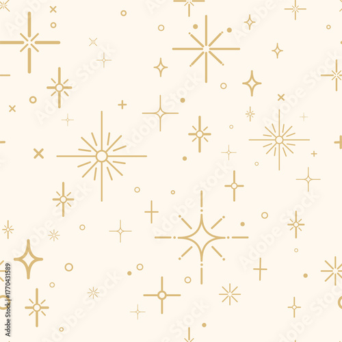Sparkle and starburst icons seamless pattern background in gold line style, for holiday wrapping paper, festive packaging, wedding, beauty branding, web backgrounds,textile prints. Vector illustration