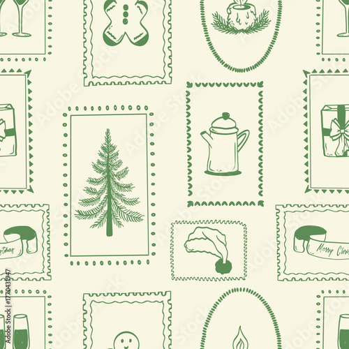 Christmas seamless pattern. Sketch drawing. Hand drawn christmas tree, christmas ball, garland, gingerbread, pie, glasses. Vector illustration.