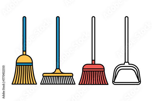 A set of cleaning tools including brooms and a dustpan are neatly arranged.