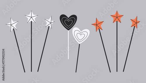 Set of star and heart shaped cake toppers. For birthday invitations, party decoration and cards.