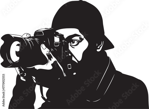 Solid Black Vector Silhouette of Person Holding Camera and Looking Through Lens – Photography Concept Illustration