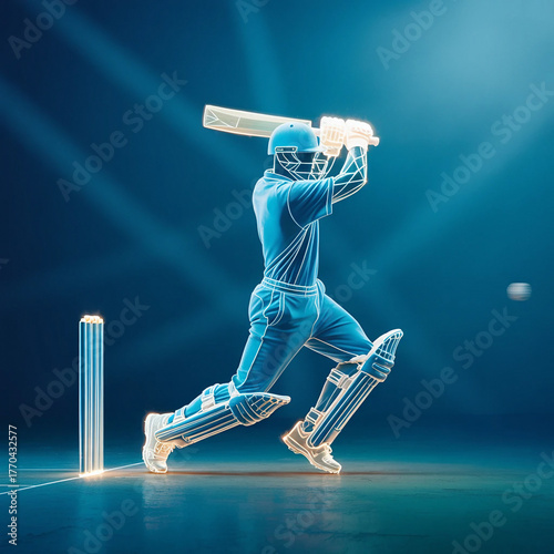 A vector silhouette illustration of a man Cricket player with a ball against the sky background, combining art and sport design