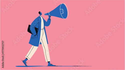 Modern abstract illustration of confident business character speaking through megaphone for communication and success