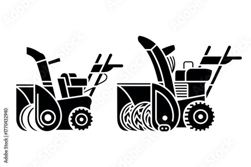 Two distinct snow blowers are presented as black silhouettes against a white background.