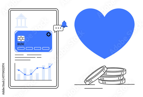 Smartphone screen highlighting banking features, coins symbolizing finance, and a blue heart for trust. Ideal for finance, banking, technology, fintech, mobile apps digital payments success. Simple