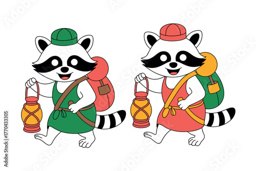 Two cartoon raccoons dressed as hikers with backpacks and lanterns are walking side by side.