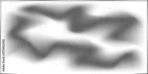 Black halftone wave background. Abstract grainy fluid texture. Dotted curved dot flow wallpaper. Grit swoosh overlay element for poster, banner, brochure, flyer, leaflet, template. Vector backdrop