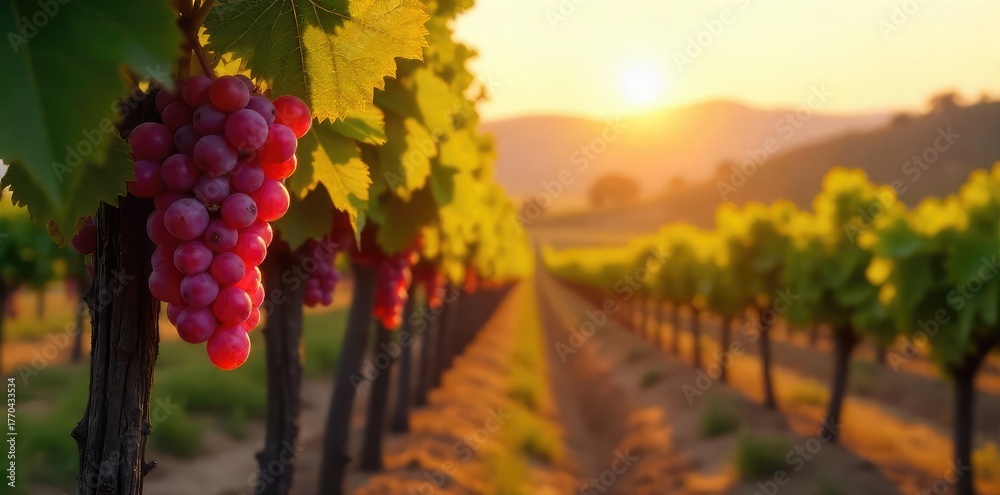 Fototapeta premium Sun-drenched rows of ripe grapes hang heavy on the vine, ready for harvest in a picturesque vineyard Golden sunlight bathes the landscape, promising a rich vintage , sunlight, nature