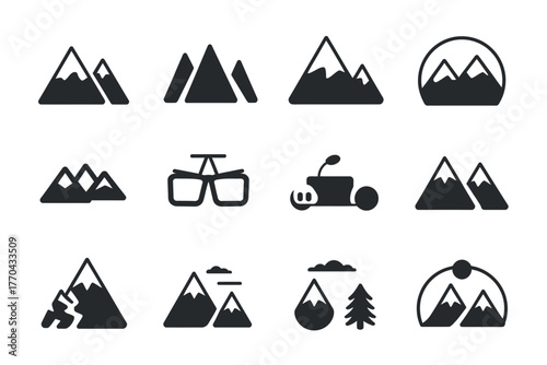 A collection of stylized mountain icons represents various outdoor adventures and themes.