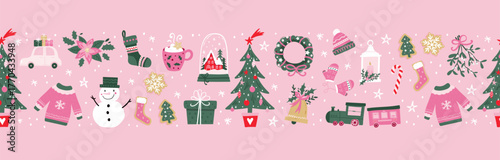 Lovely christmas seamless pattern, cute characters and decoration, great for wrapping paper, textiles, banners, wallpapers - vector design