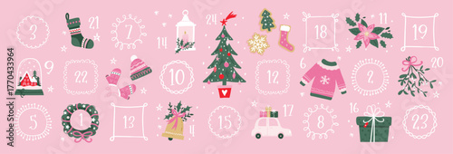 Cute hand drawn Christmas advent calendar. Lovely doodle drawings, vector design