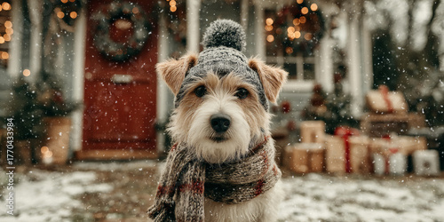 Cute Dog in Winter Hat and Scarf — Christmas and New Year Postcard Scene
