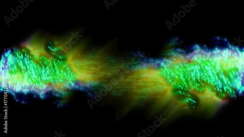 Abstract visualization of energy flow and particle collision in vibrant green and yellow hues against a dark background, evoking a sense of dynamic scientific exploration and cosmic phenomena