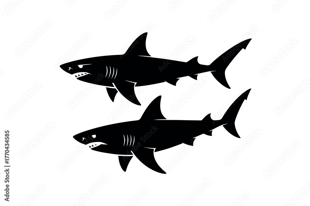 Obraz premium Two menacing sharks swim in silhouette against a white background.